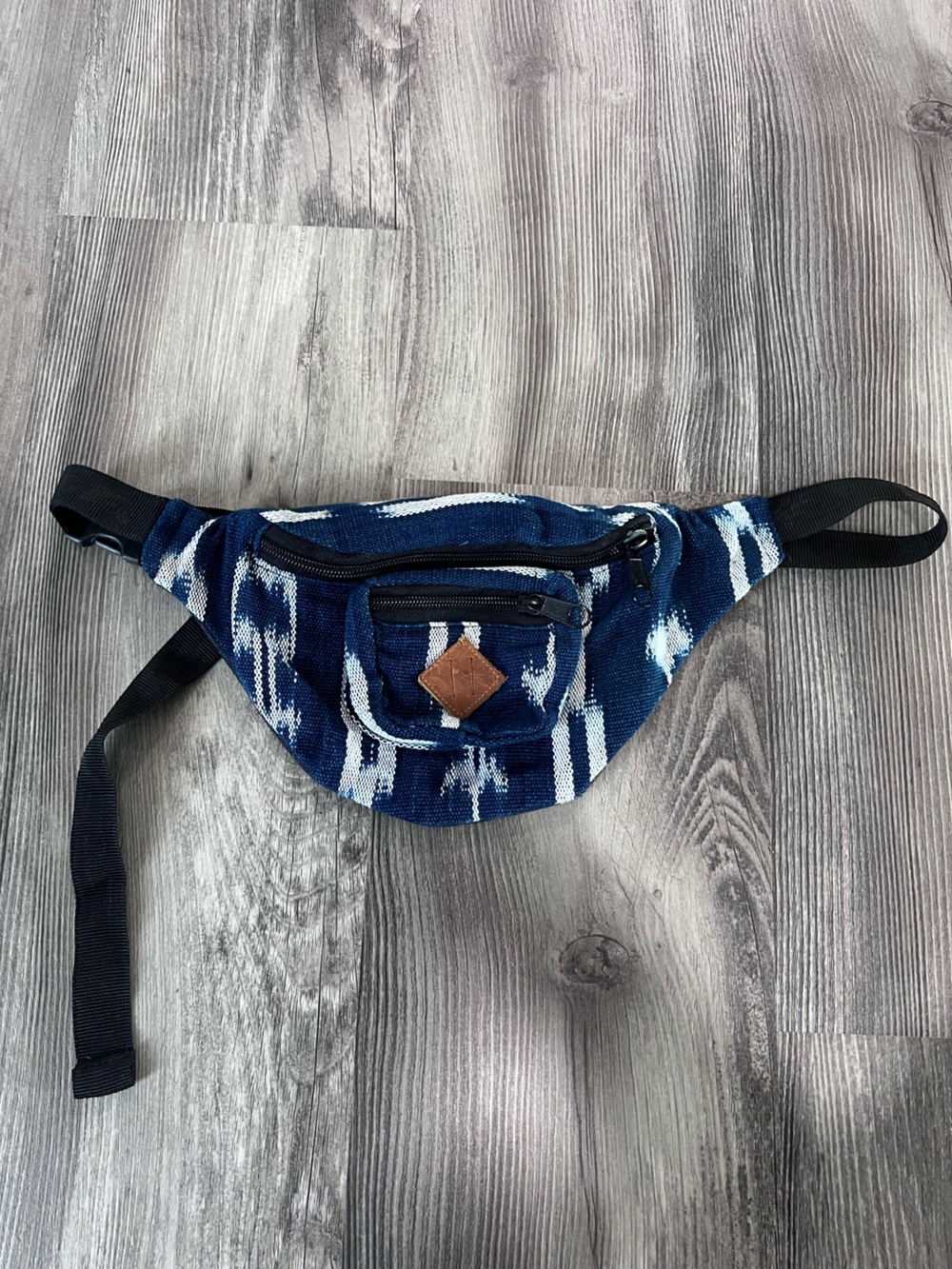 Blue Patterned Canvas Belt Bag with Front Pocket